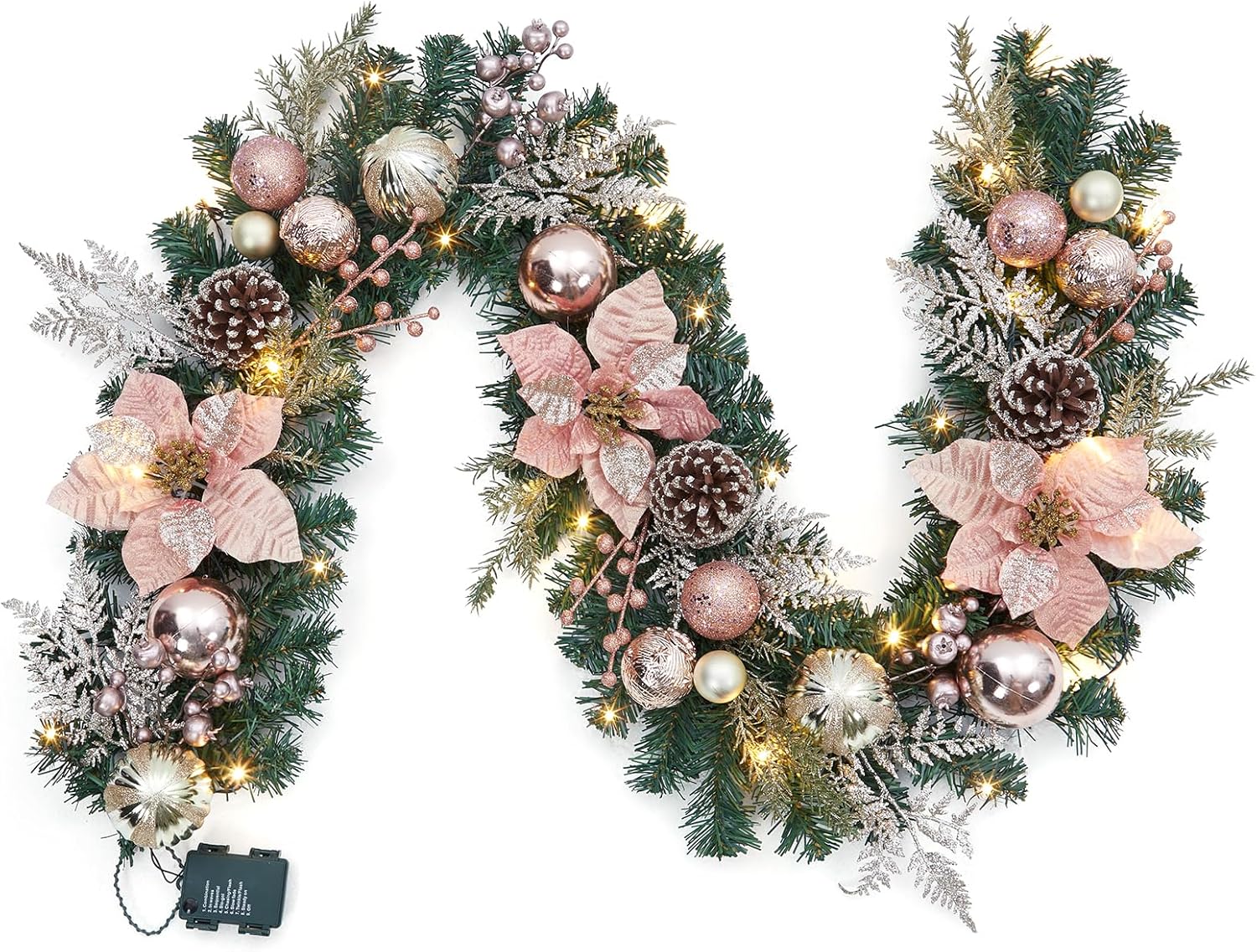 Christmas Garland with Lights, 6ft Prelit Outdoor Christmas Garland with Timer 20 LED Lights Pinecones Rose Gold Ball Ornaments for Mantle Fireplace Stairs Railing Indoor Decorations, Battery Operated