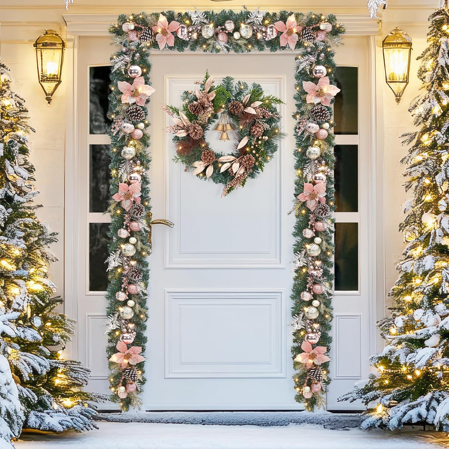 Christmas Garland with Lights, 6ft Prelit Outdoor Christmas Garland with Timer 20 LED Lights Pinecones Rose Gold Ball Ornaments for Mantle Fireplace Stairs Railing Indoor Decorations, Battery Operated