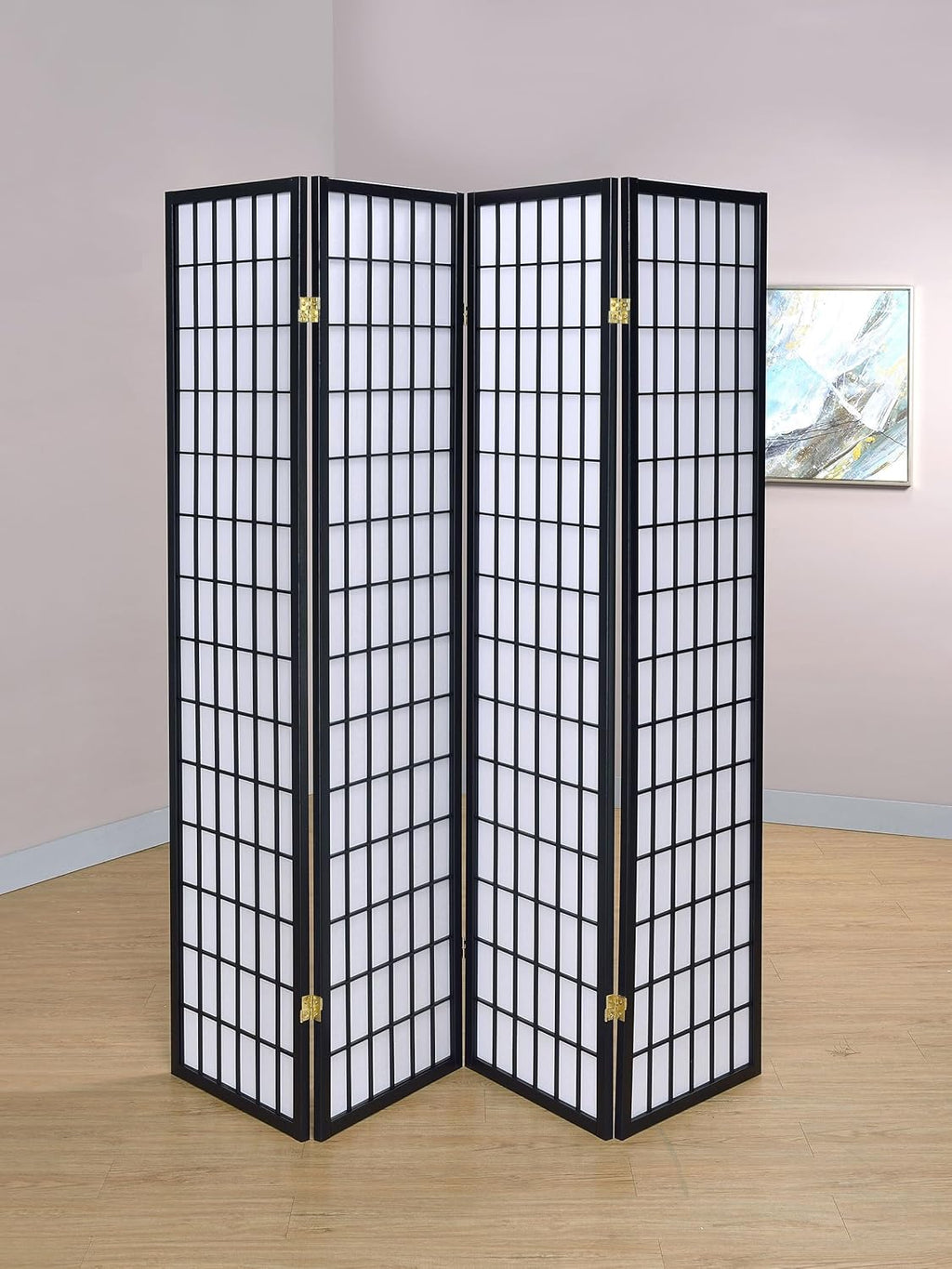 Solid Wood - 70-Inch 4-Panel Room Divider Folding Shoji Screen with White Paper Panels and Grid Design - Living Room & Bedroom