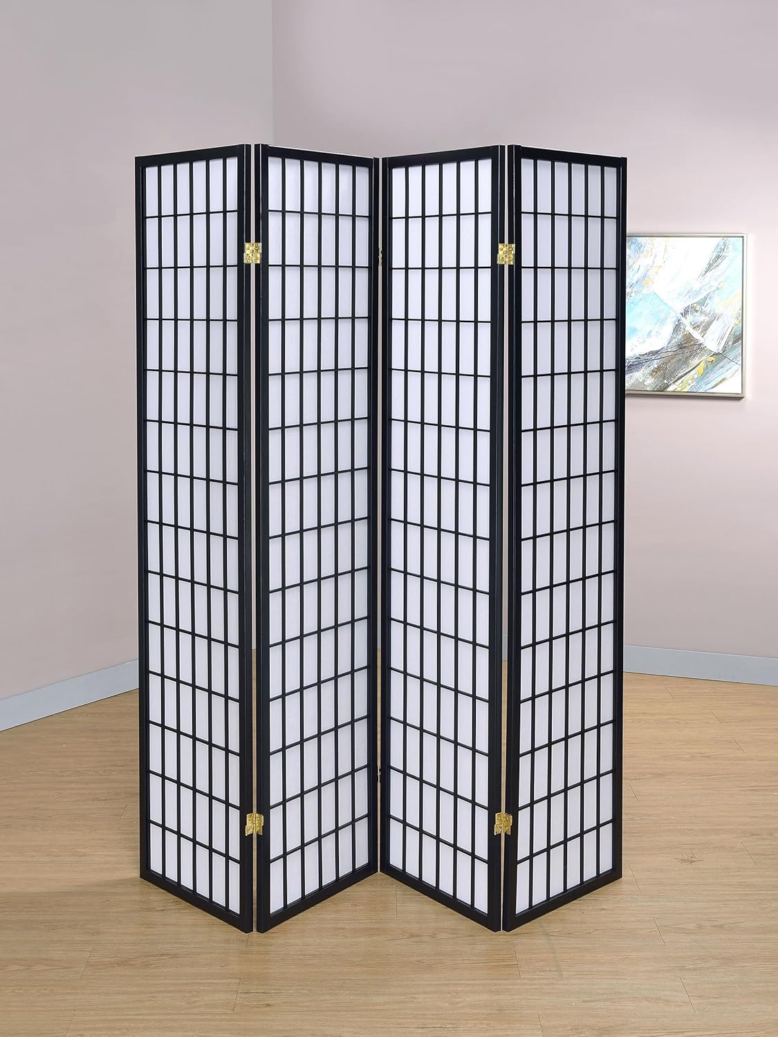 Solid Wood - 70-Inch 4-Panel Room Divider Folding Shoji Screen with White Paper Panels and Grid Design - Living Room & Bedroom