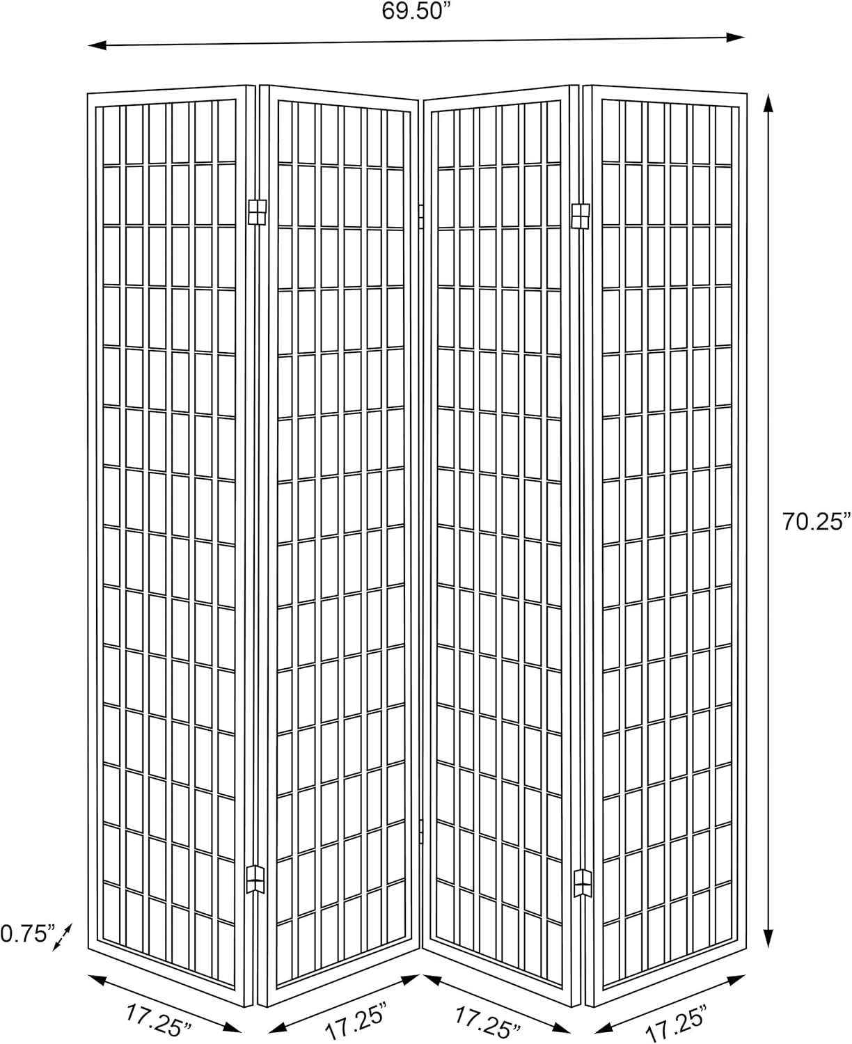 Solid Wood - 70-Inch 4-Panel Room Divider Folding Shoji Screen with White Paper Panels and Grid Design - Living Room & Bedroom
