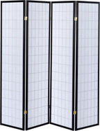 Solid Wood - 70-Inch 4-Panel Room Divider Folding Shoji Screen with White Paper Panels and Grid Design - Living Room & Bedroom