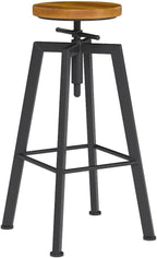 Vintage Adjustable Bar Stools Set of 2, Height Ranges from 24.8 to 30.8 inch, Natural Wood Seat and Heavy Metal Frame Rustic Industrial Swivel Bar Stools