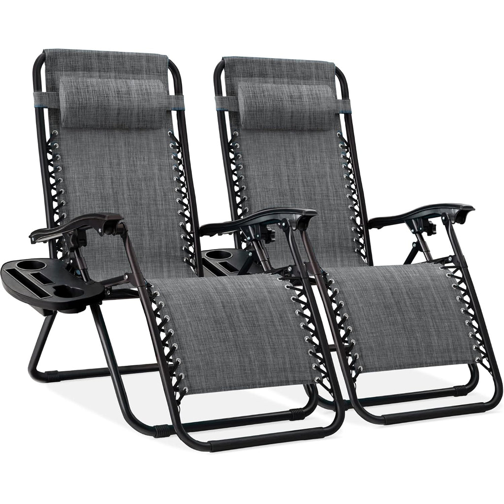 Set of 2 Adjustable Steel Mesh Zero Gravity Lounge Chair Recliners w/Pillows and Cup Holder Trays