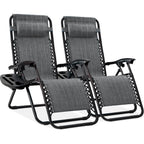 Set of 2 Adjustable Steel Mesh Zero Gravity Lounge Chair Recliners w/Pillows and Cup Holder Trays