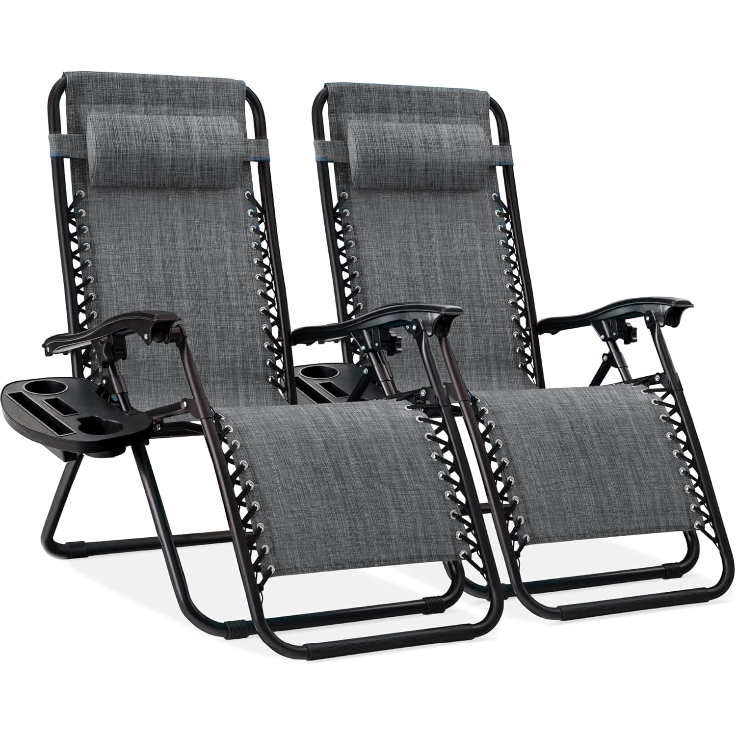 Set of 2 Adjustable Steel Mesh Zero Gravity Lounge Chair Recliners w/Pillows and Cup Holder Trays