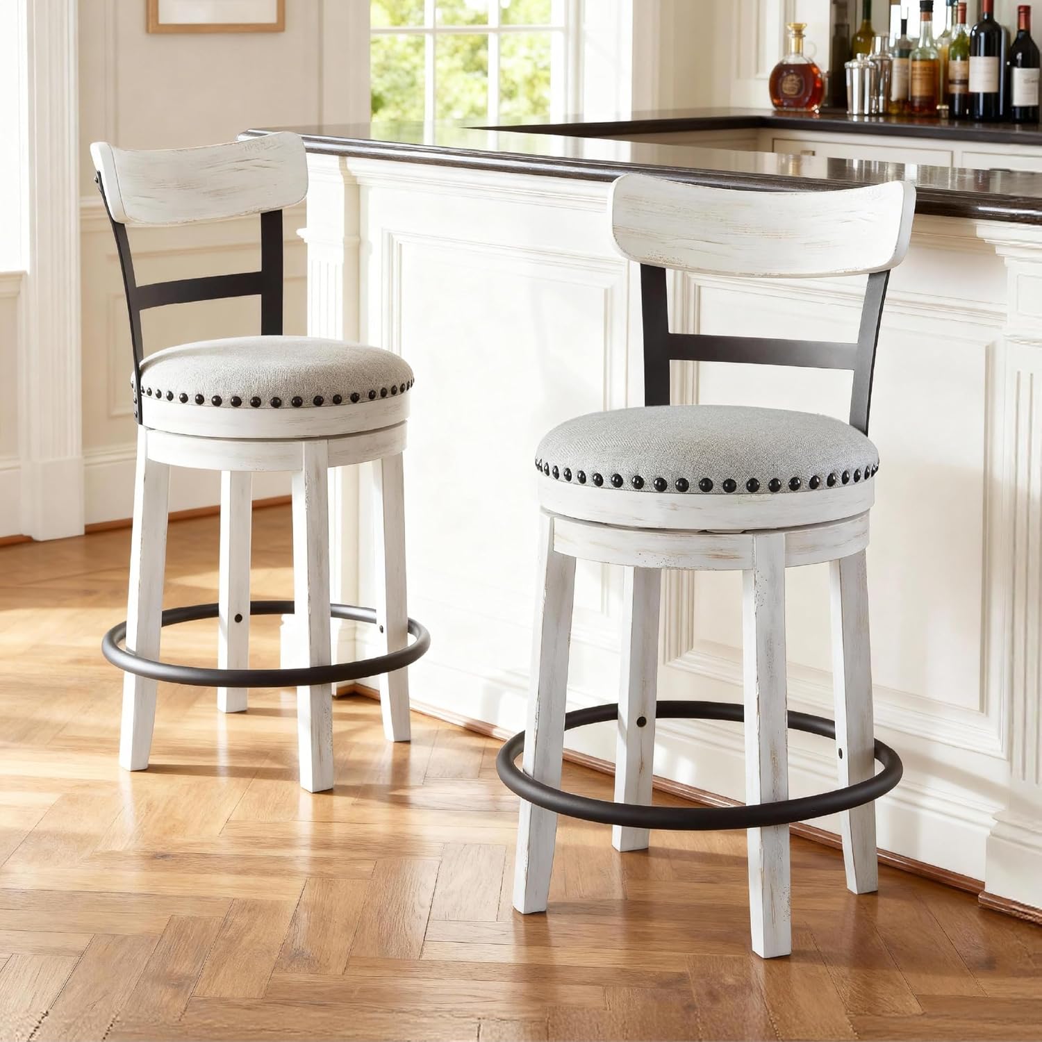 Valebeck Rustic Farmhouse Swivel Bar Stool – 24.5″ Counter Height, 360° Swivel Metal & Wood Frame, Polyester Upholstery