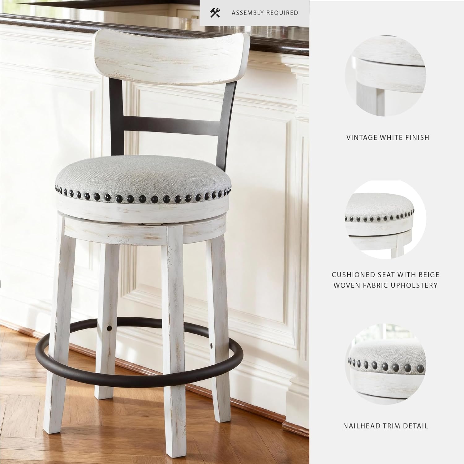 Valebeck Rustic Farmhouse Swivel Bar Stool – 24.5″ Counter Height, 360° Swivel Metal & Wood Frame, Polyester Upholstery