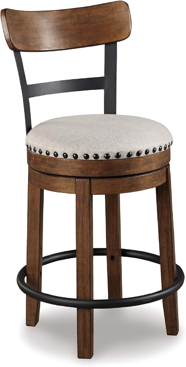 Valebeck Rustic Farmhouse Swivel Bar Stool – 24.5″ Counter Height, 360° Swivel Metal & Wood Frame, Polyester Upholstery