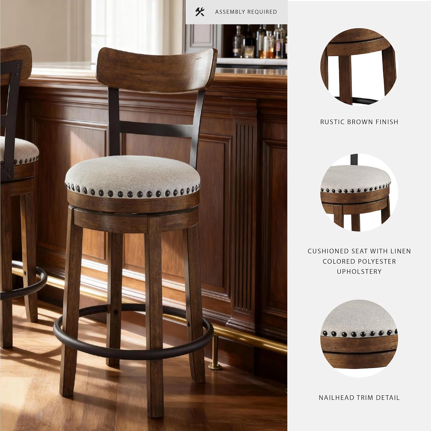 Valebeck Rustic Farmhouse Swivel Bar Stool – 24.5″ Counter Height, 360° Swivel Metal & Wood Frame, Polyester Upholstery