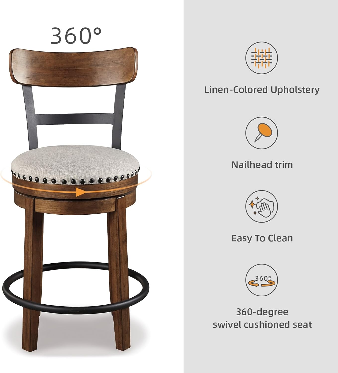 Valebeck Rustic Farmhouse Swivel Bar Stool – 24.5″ Counter Height, 360° Swivel Metal & Wood Frame, Polyester Upholstery