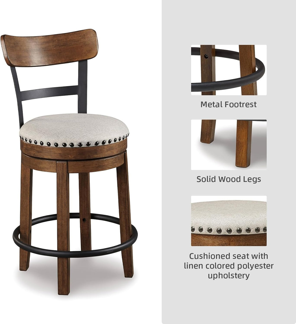 Valebeck Rustic Farmhouse Swivel Bar Stool – 24.5″ Counter Height, 360° Swivel Metal & Wood Frame, Polyester Upholstery