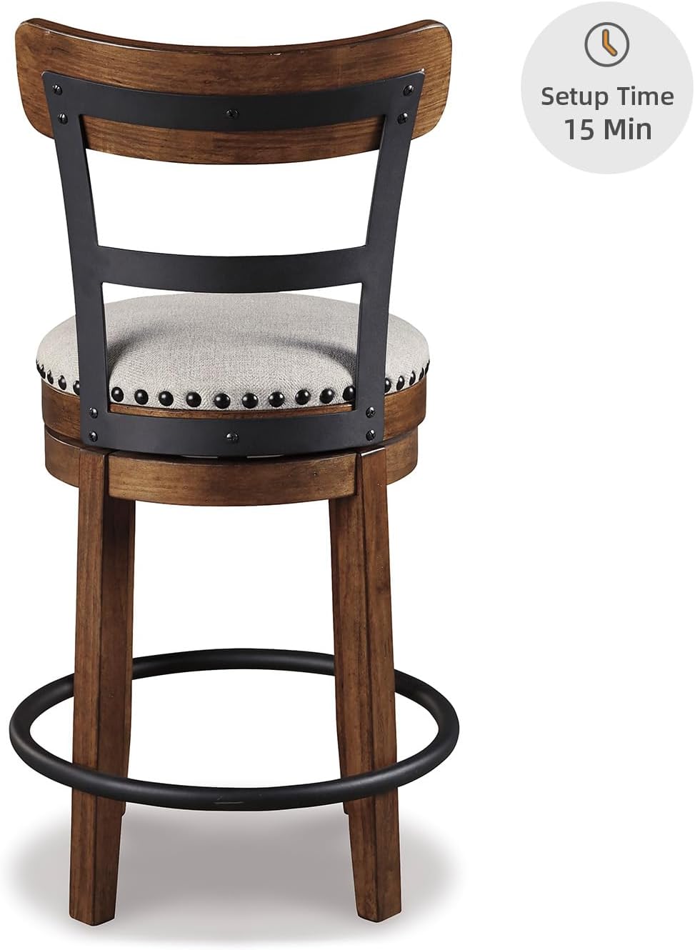 Valebeck Rustic Farmhouse Swivel Bar Stool – 24.5″ Counter Height, 360° Swivel Metal & Wood Frame, Polyester Upholstery