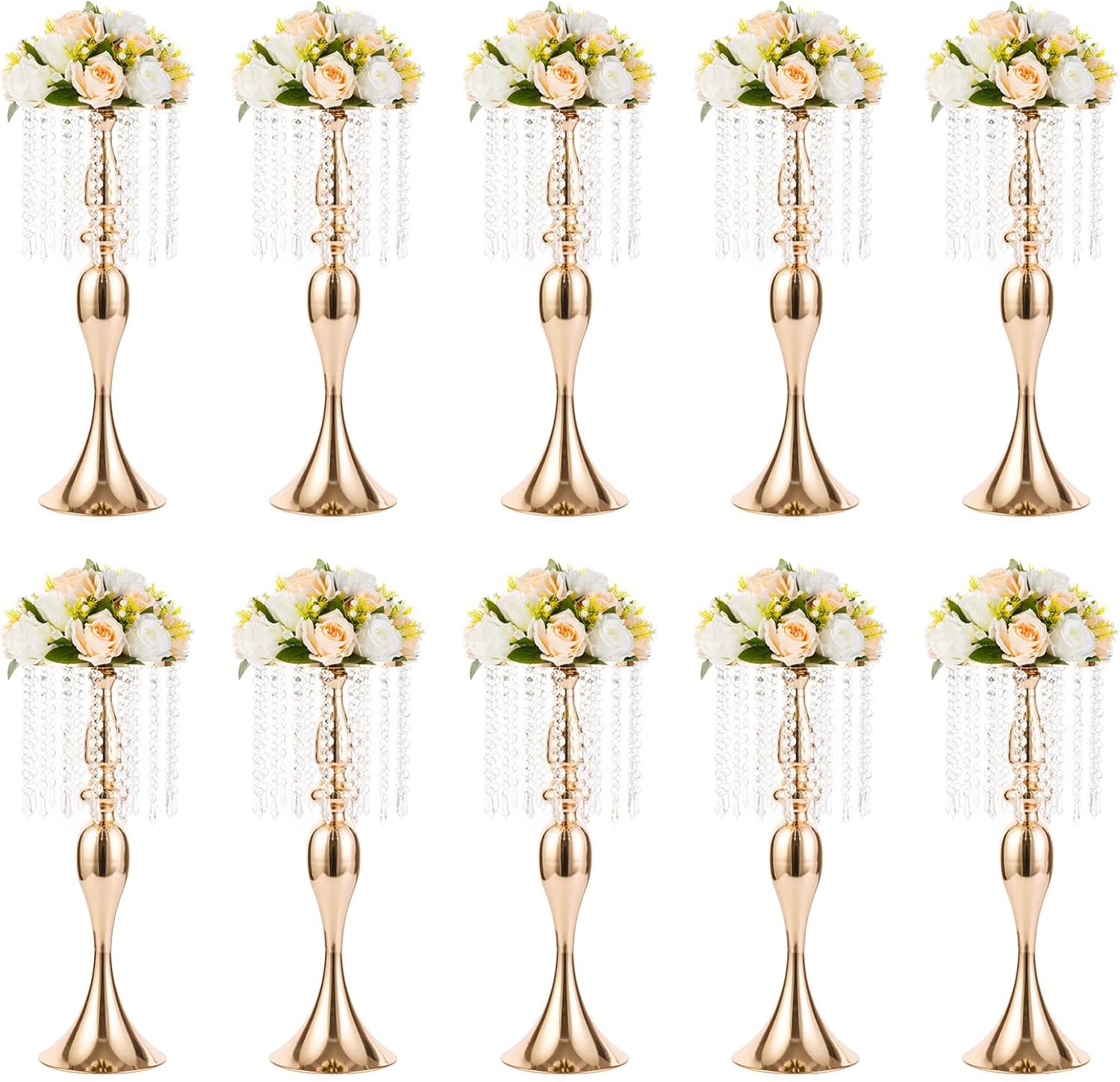 Crystal Flower Stand 10 Pcs 21.3 inches Tall Wedding Road Lead Tall Flower Holders Centerpiece Crystal Flower Chandelier Metal Flower Vase for Reception Tables Wedding Supplies