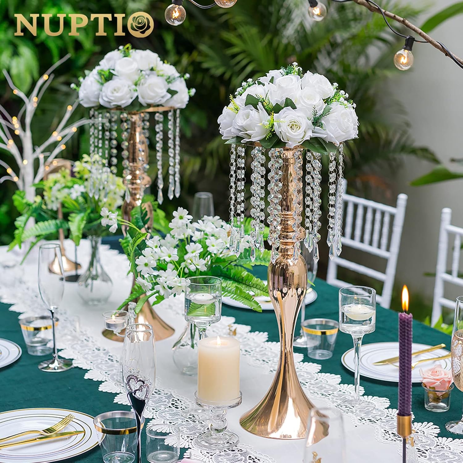 Crystal Flower Stand 10 Pcs 21.3 inches Tall Wedding Road Lead Tall Flower Holders Centerpiece Crystal Flower Chandelier Metal Flower Vase for Reception Tables Wedding Supplies