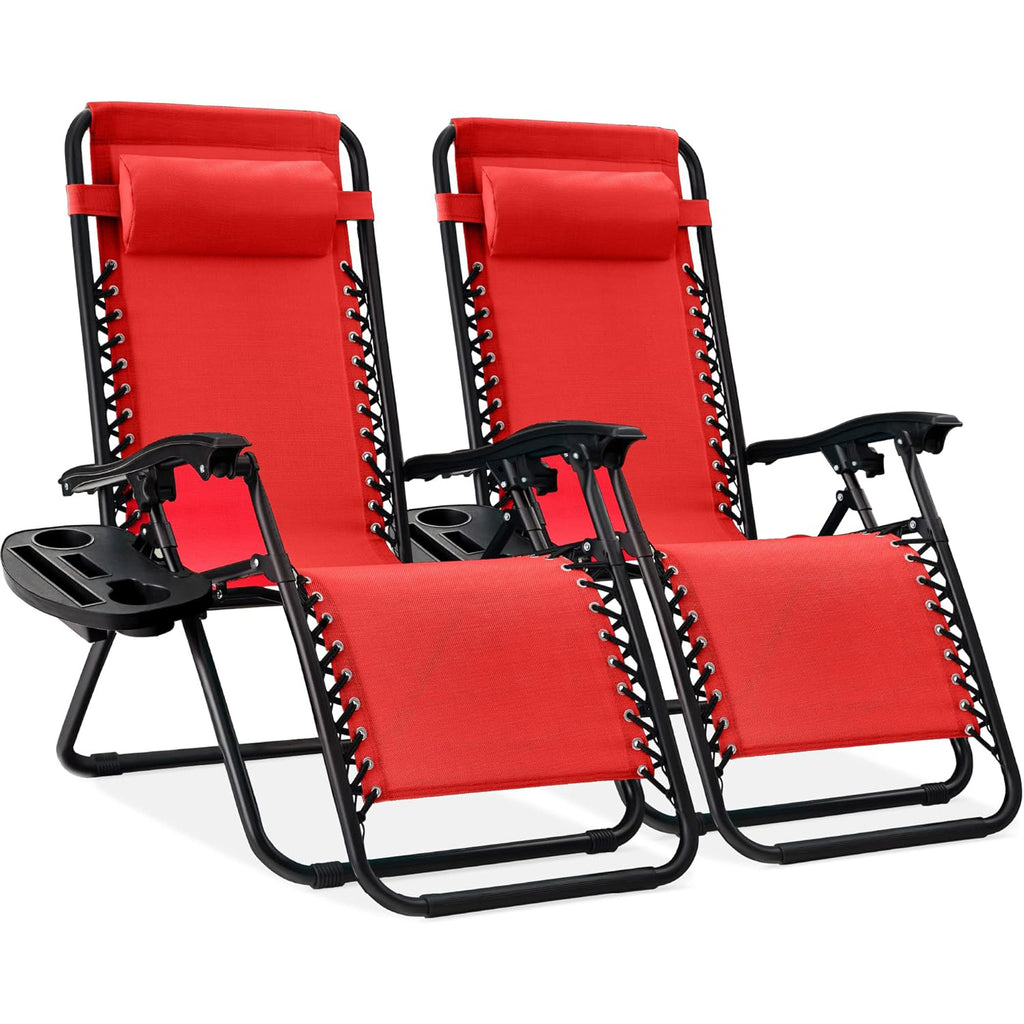 Set of 2 Adjustable Steel Mesh Zero Gravity Lounge Chair Recliners w/Pillows and Cup Holder Trays