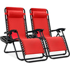 Set of 2 Adjustable Steel Mesh Zero Gravity Lounge Chair Recliners w/Pillows and Cup Holder Trays