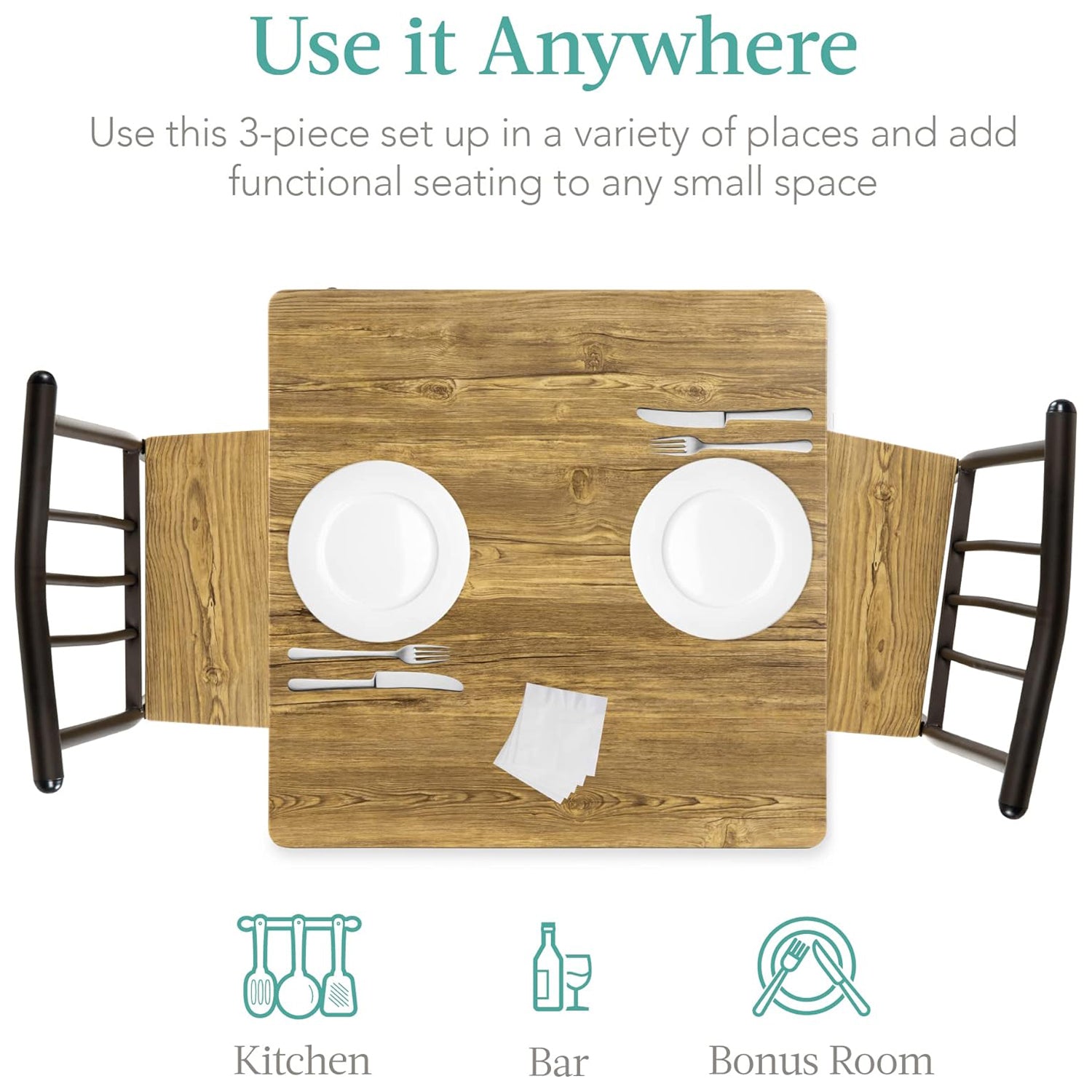 3-Piece Dining Set Modern Dining Table Set, Metal and Wood Square Dining Table w/ 2 Chairs