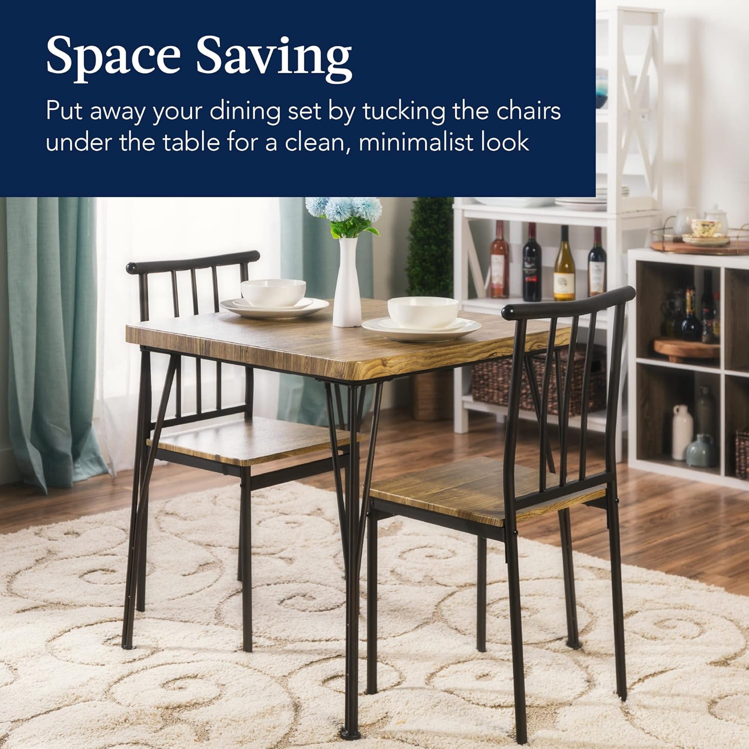 3-Piece Dining Set Modern Dining Table Set, Metal and Wood Square Dining Table w/ 2 Chairs