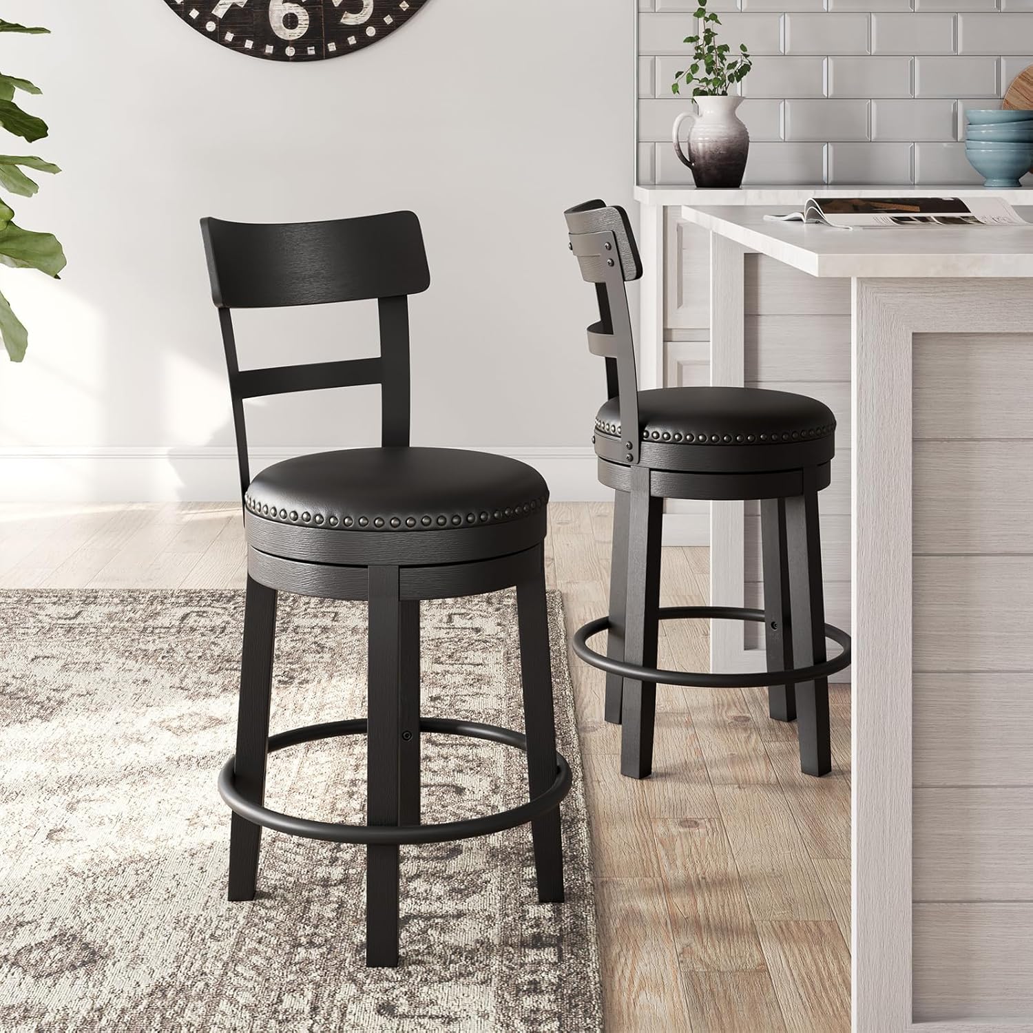 Valebeck Rustic Farmhouse Swivel Bar Stool – 24.5″ Counter Height, 360° Swivel Metal & Wood Frame, Polyester Upholstery