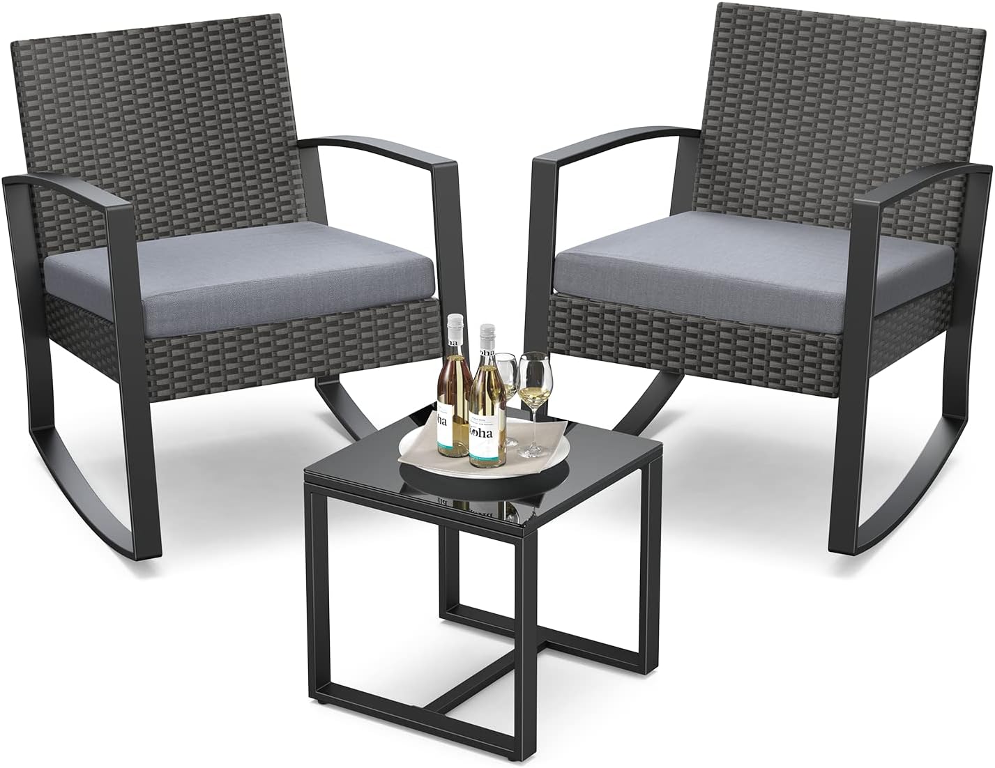 3 Pieces Outdoor Patio Furniture Set Rocking Bistro Set Outdoor Rattan Conversation with Coffee Table for Garden Balcony Backyard Poolside