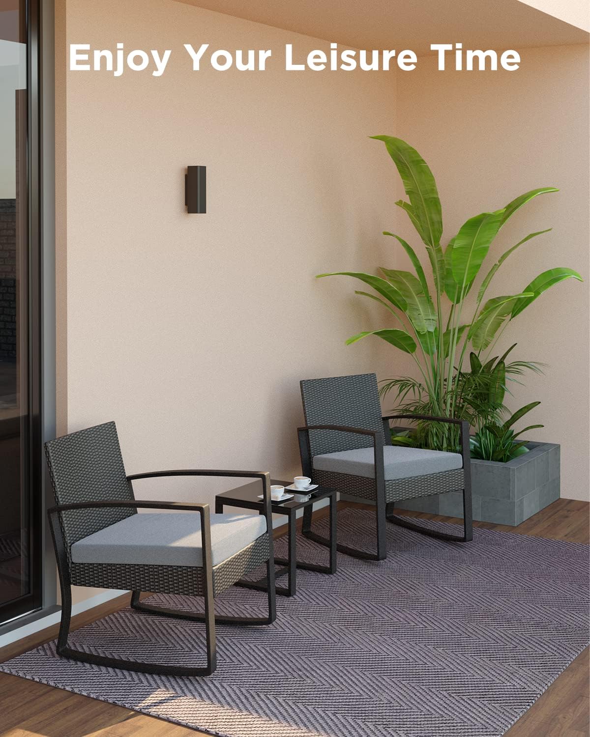 3 Pieces Outdoor Patio Furniture Set Rocking Bistro Set Outdoor Rattan Conversation with Coffee Table for Garden Balcony Backyard Poolside