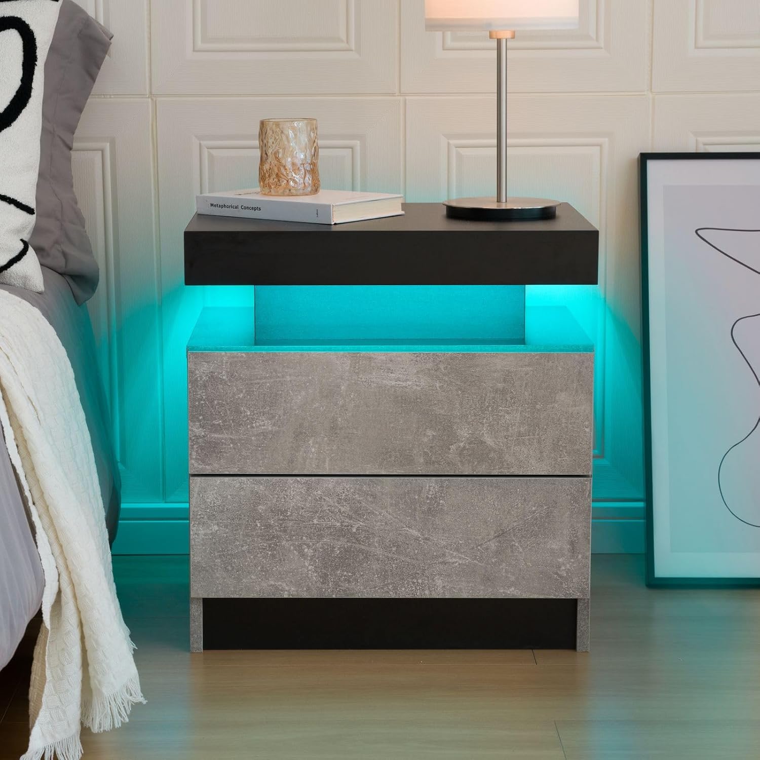 Bedside Table with 2 Drawers, LED Nightstand Wooden Cabinet Unit with LED Lights for Bedroom, End Table Side Table for Bedroom Living Room