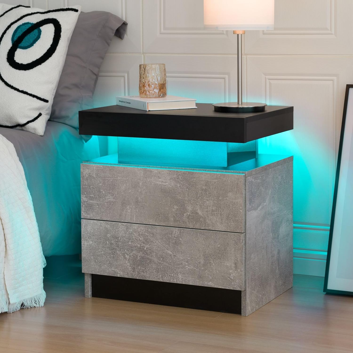 Bedside Table with 2 Drawers, LED Nightstand Wooden Cabinet Unit with LED Lights for Bedroom, End Table Side Table for Bedroom Living Room