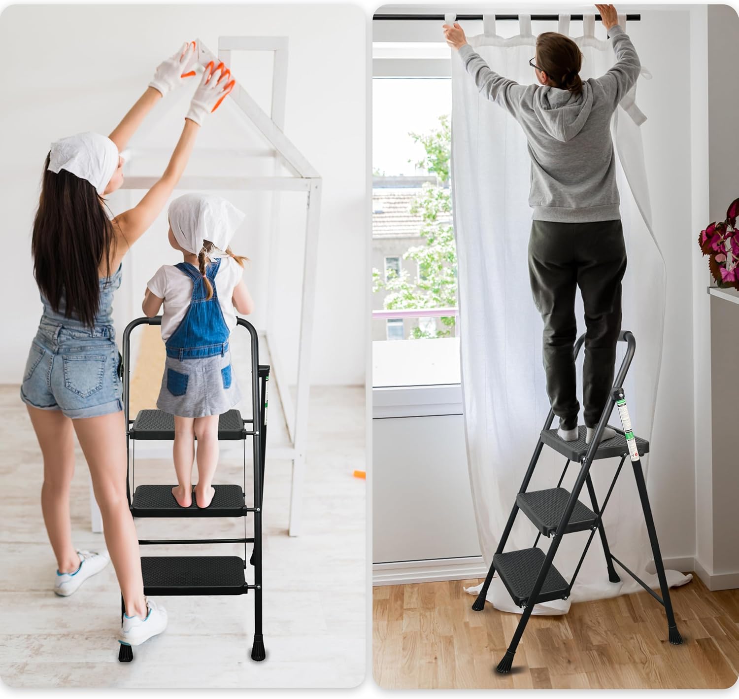 Portable 3-step Ladder Steel Folding Stool with Wide Anti-Slip Pedal