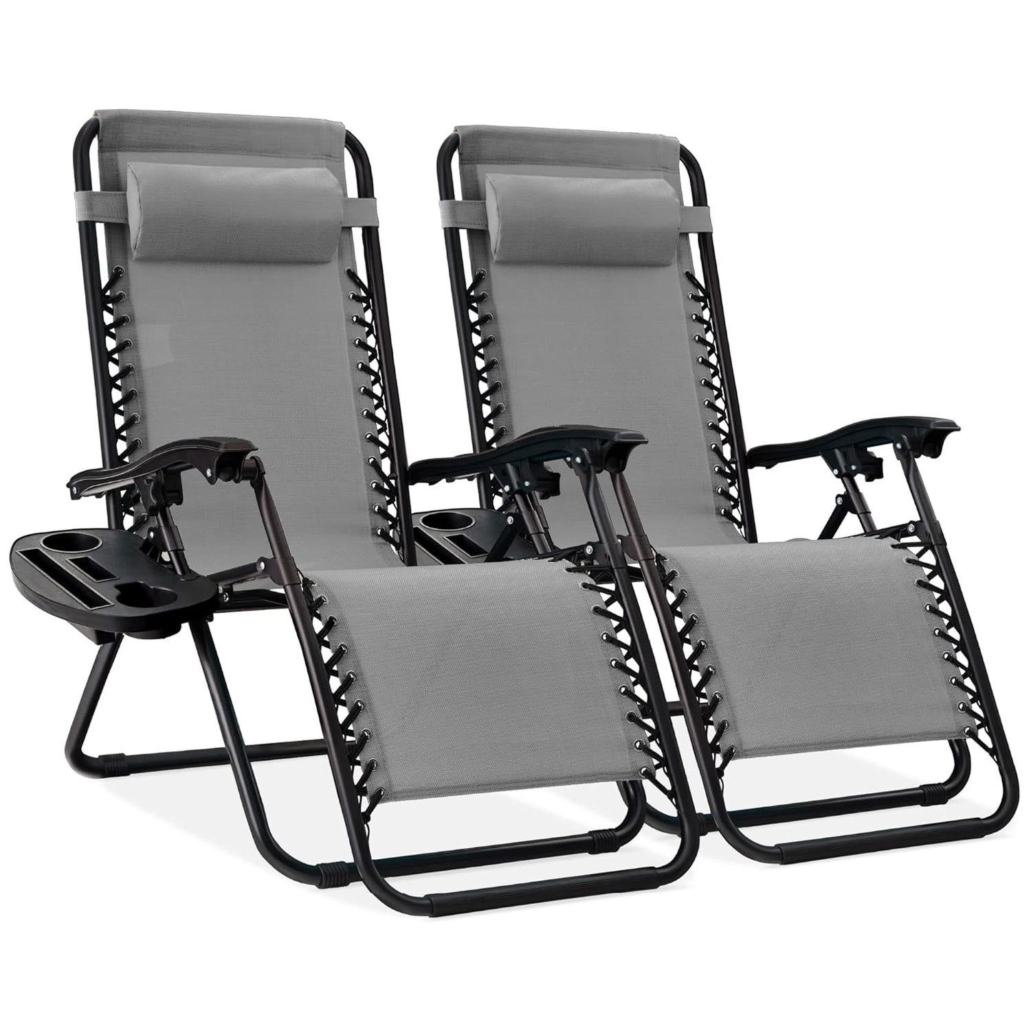Set of 2 Adjustable Steel Mesh Zero Gravity Lounge Chair Recliners w/Pillows and Cup Holder Trays
