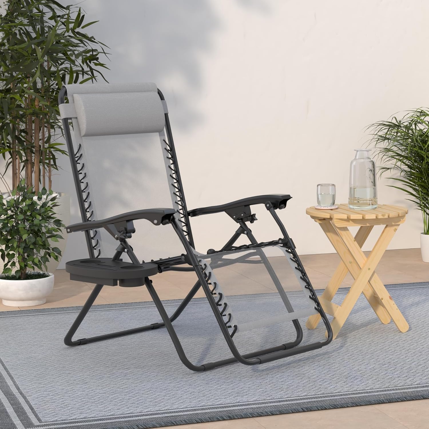 Set of 2 Adjustable Steel Mesh Zero Gravity Lounge Chair Recliners w/Pillows and Cup Holder Trays