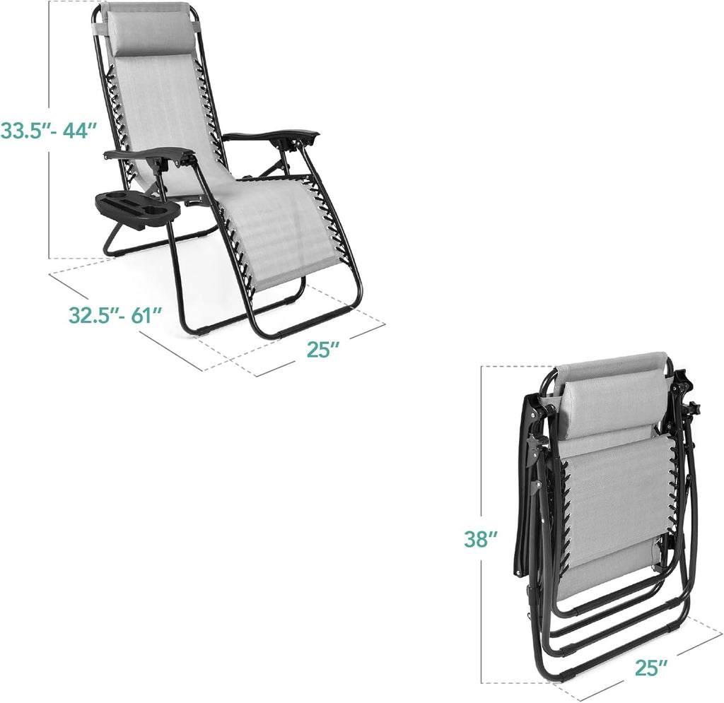 Set of 2 Adjustable Steel Mesh Zero Gravity Lounge Chair Recliners w/Pillows and Cup Holder Trays