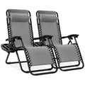 Set of 2 Adjustable Steel Mesh Zero Gravity Lounge Chair Recliners w/Pillows and Cup Holder Trays