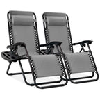 Set of 2 Adjustable Steel Mesh Zero Gravity Lounge Chair Recliners w/Pillows and Cup Holder Trays