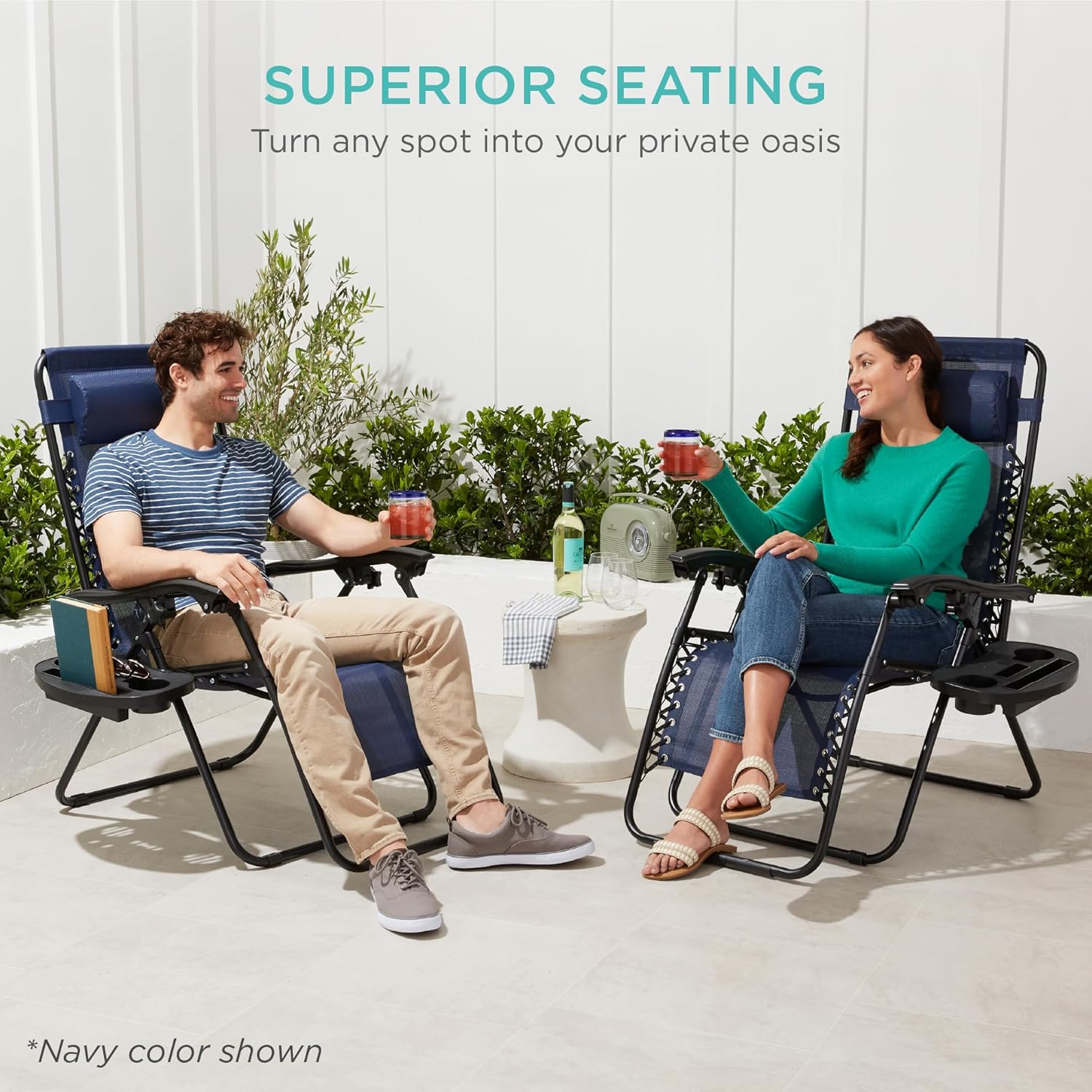 Set of 2 Adjustable Steel Mesh Zero Gravity Lounge Chair Recliners w/Pillows and Cup Holder Trays