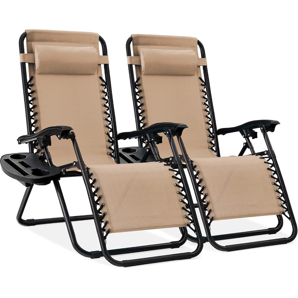 Set of 2 Adjustable Steel Mesh Zero Gravity Lounge Chair Recliners w/Pillows and Cup Holder Trays