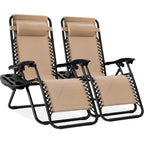 Set of 2 Adjustable Steel Mesh Zero Gravity Lounge Chair Recliners w/Pillows and Cup Holder Trays