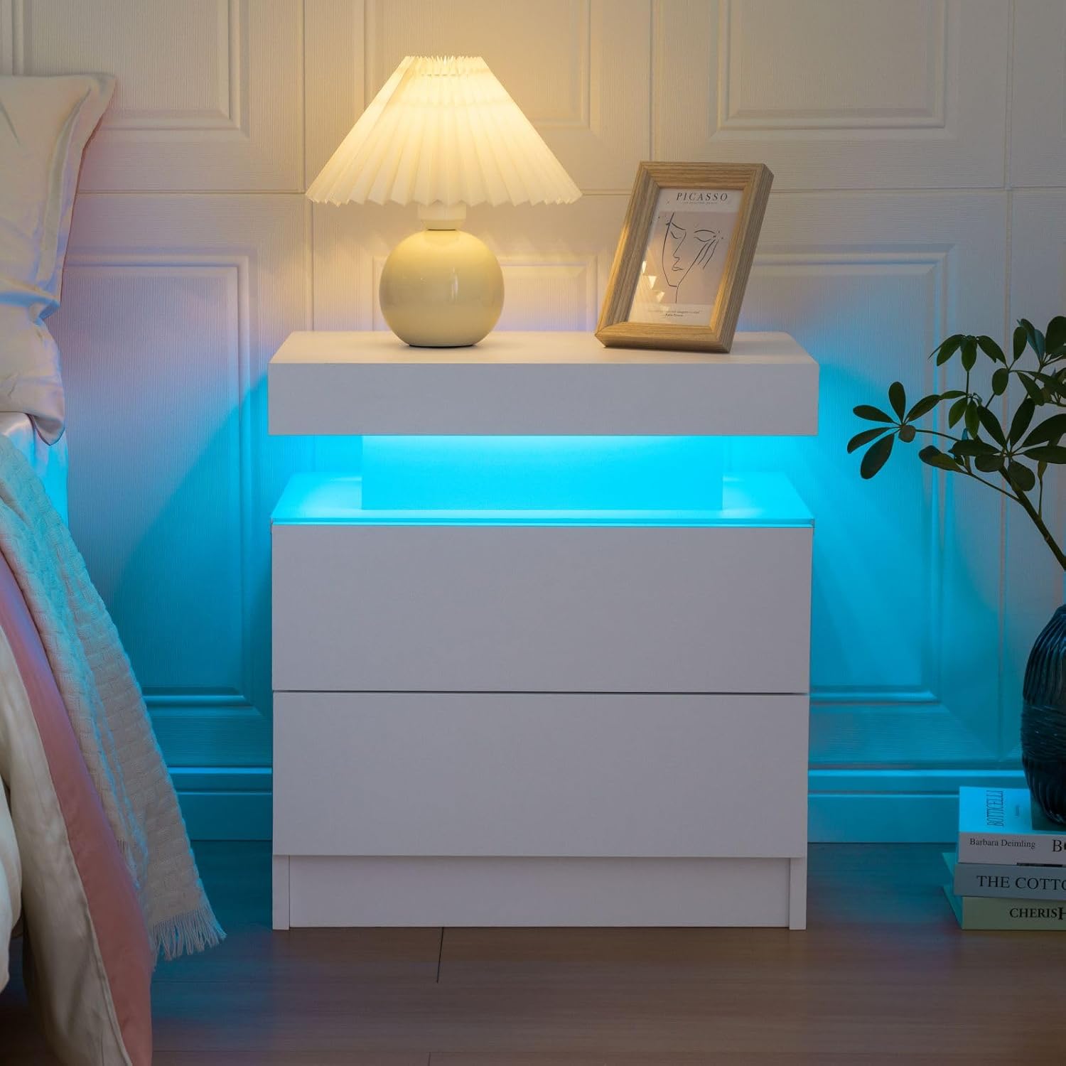 Bedside Table with 2 Drawers, LED Nightstand Wooden Cabinet Unit with LED Lights for Bedroom, End Table Side Table for Bedroom Living Room