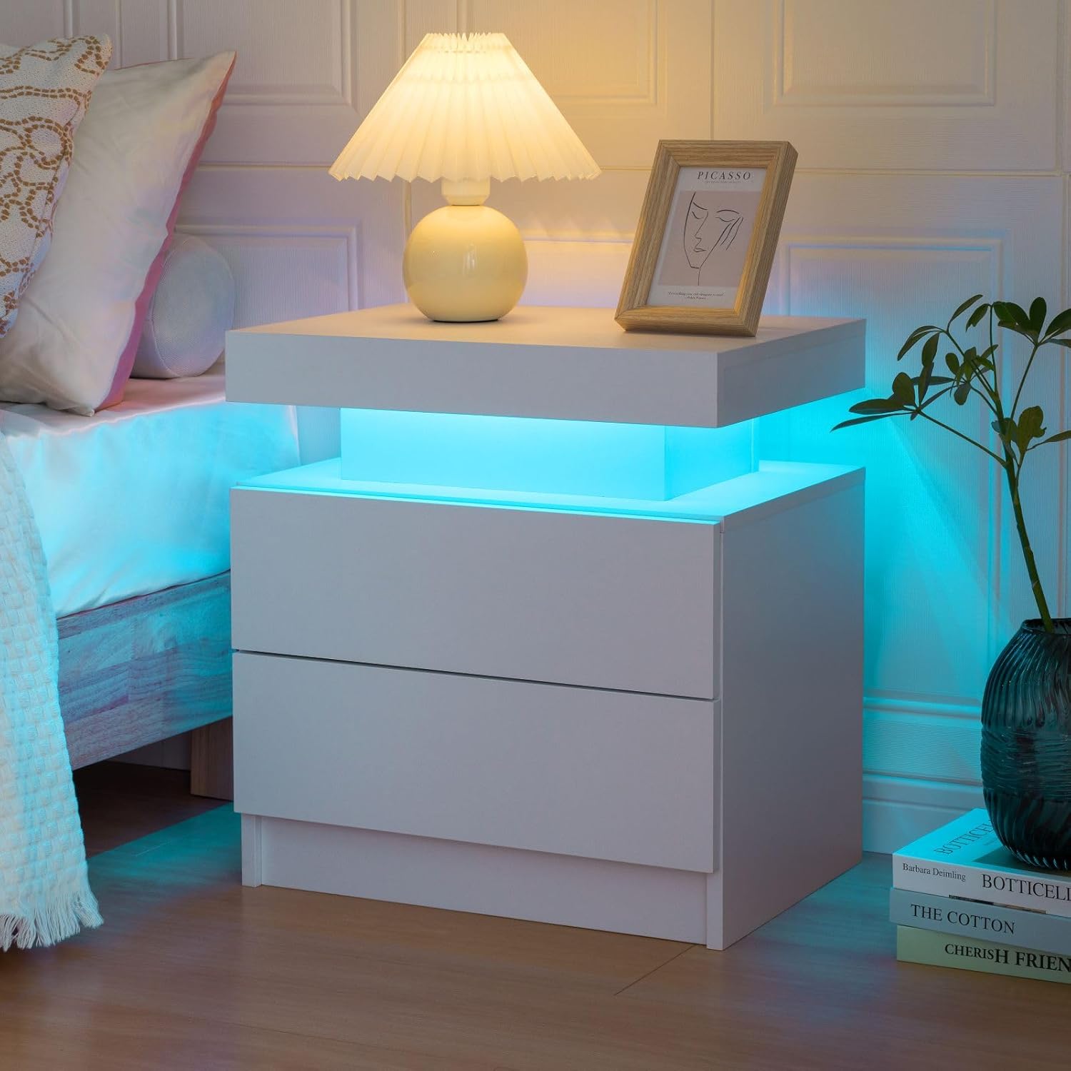 Bedside Table with 2 Drawers, LED Nightstand Wooden Cabinet Unit with LED Lights for Bedroom, End Table Side Table for Bedroom Living Room