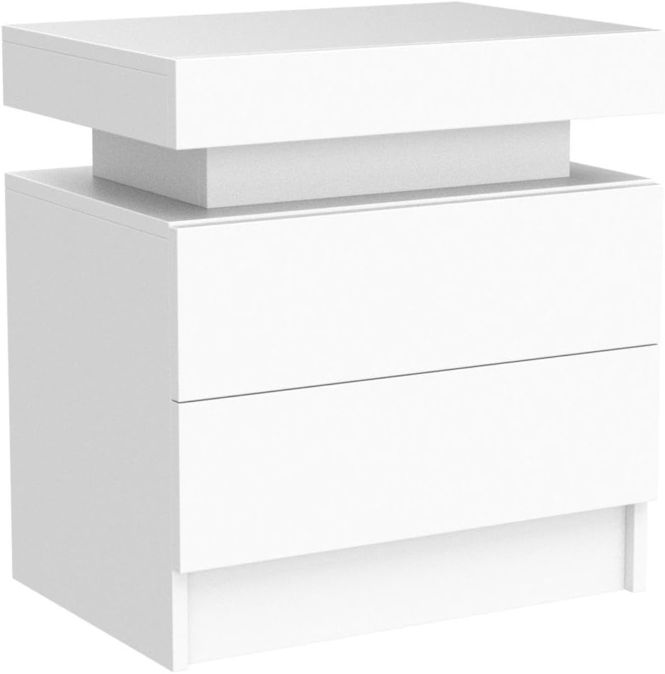 Bedside Table with 2 Drawers, LED Nightstand Wooden Cabinet Unit with LED Lights for Bedroom, End Table Side Table for Bedroom Living Room