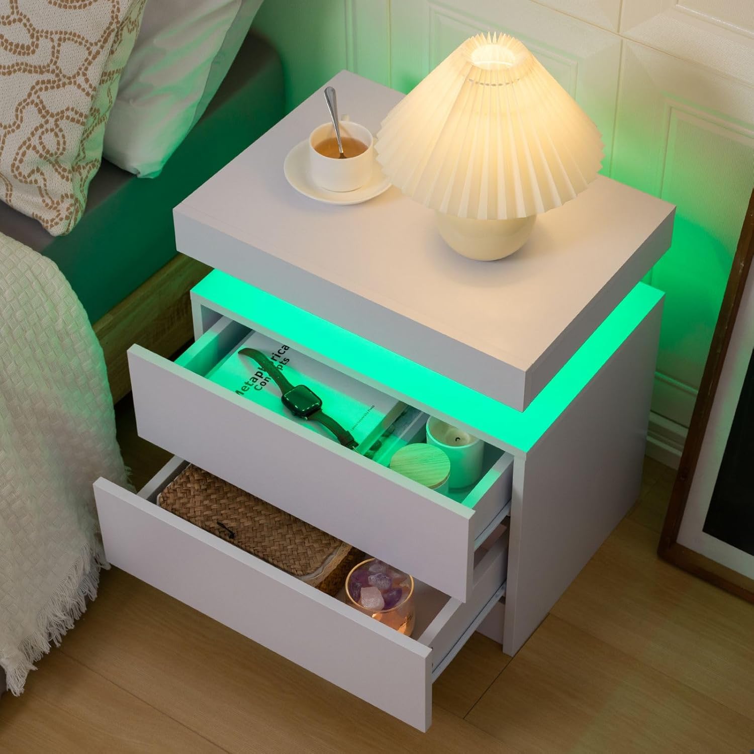 Bedside Table with 2 Drawers, LED Nightstand Wooden Cabinet Unit with LED Lights for Bedroom, End Table Side Table for Bedroom Living Room