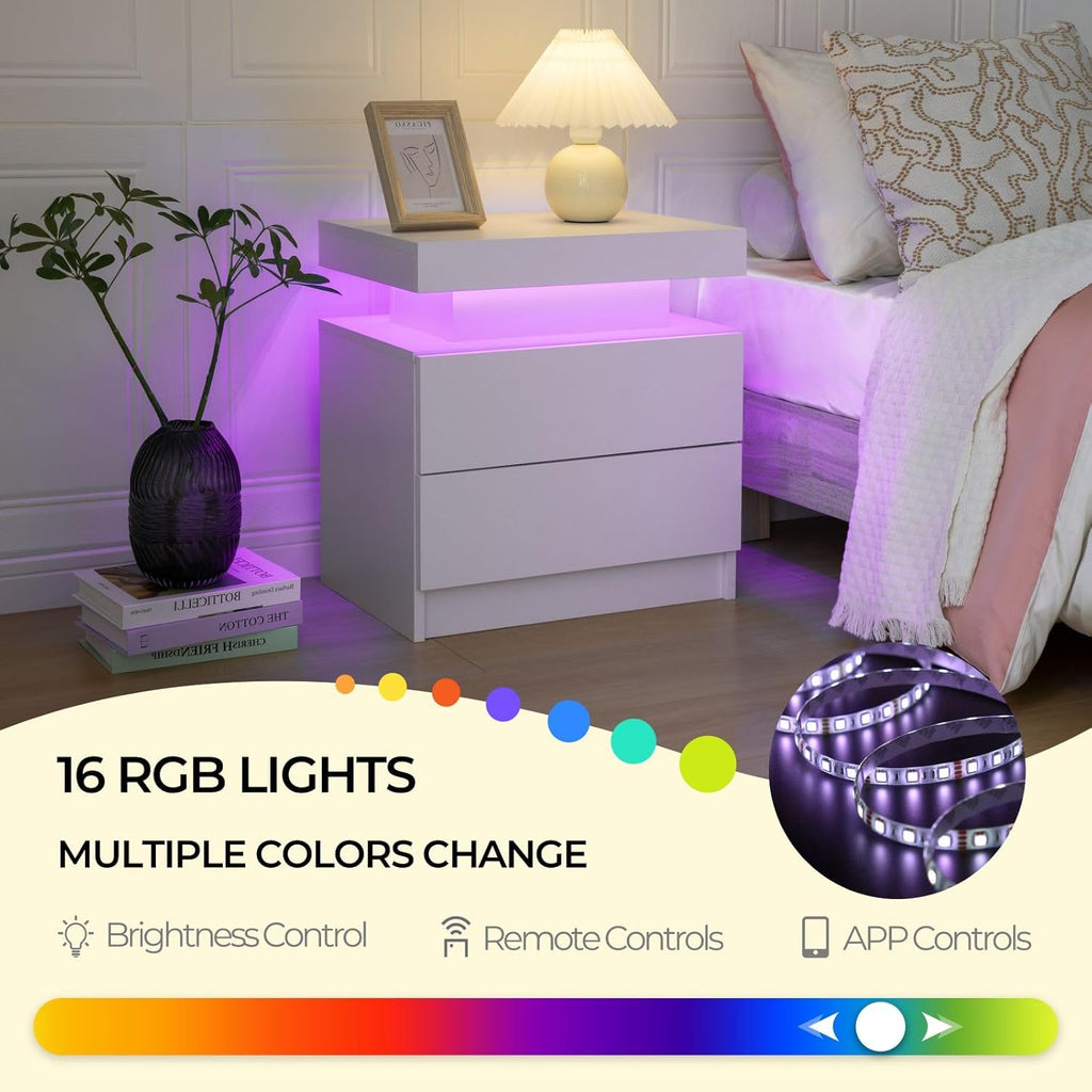 Bedside Table with 2 Drawers, LED Nightstand Wooden Cabinet Unit with LED Lights for Bedroom, End Table Side Table for Bedroom Living Room
