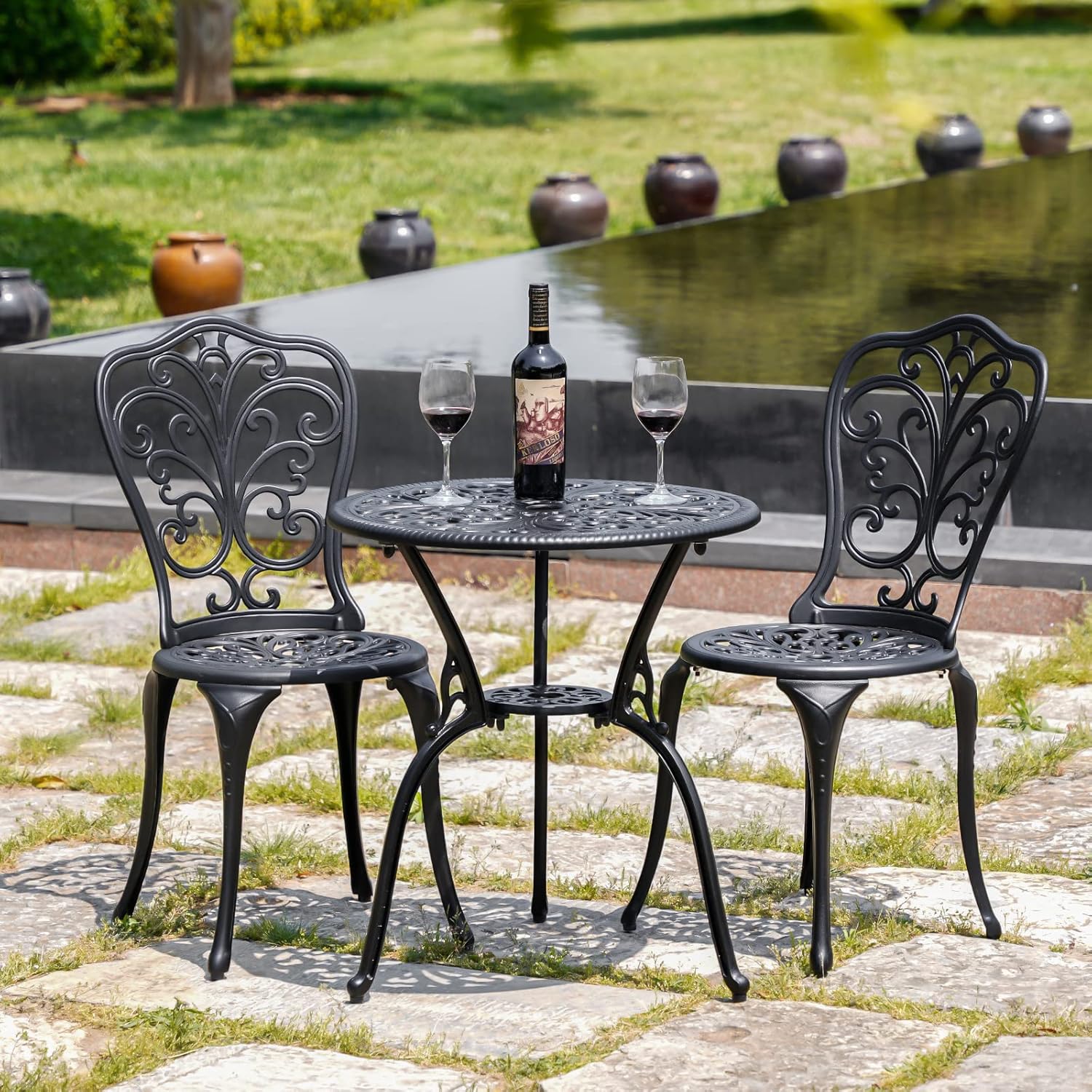Patio Bistro Set 3 Piece Outdoor,Cast Aluminum Outdoor Bistro Table and Chair Set of 2 with 1.97" Umbrella Hole
