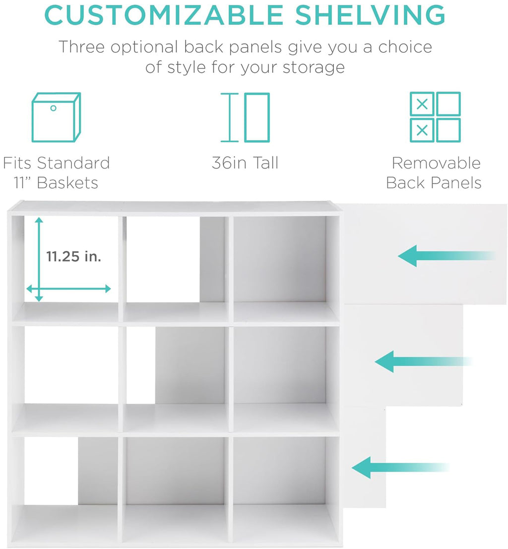 9-Cube Storage Organizer, 11in Shelf Opening, Bookcase, Display Shelf, Customizable w/ 3 Removable Back Panels