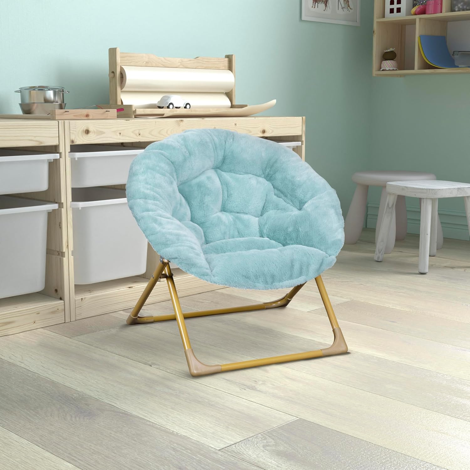 Kids Cozy Mini Folding Saucer Chair - Faux Fur Moon Chair - Soft Gold Metal Frame - 23" Portable Folding Chair For Living Room or Bedroom