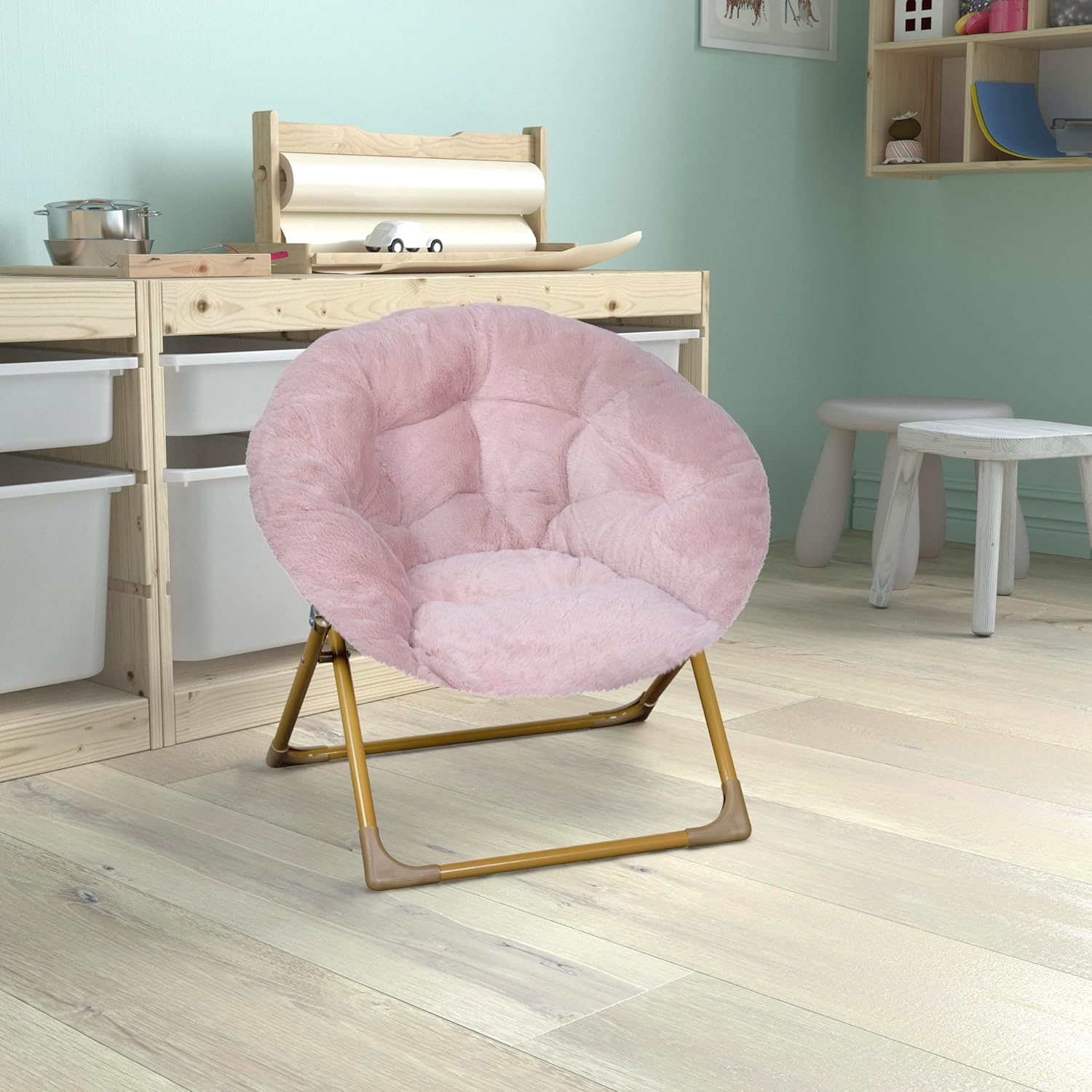 Kids Cozy Mini Folding Saucer Chair - Faux Fur Moon Chair - Soft Gold Metal Frame - 23" Portable Folding Chair For Living Room or Bedroom