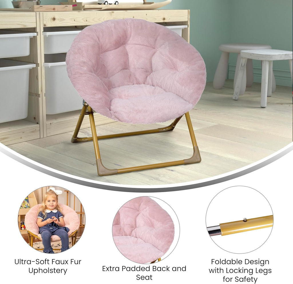 Kids Cozy Mini Folding Saucer Chair - Faux Fur Moon Chair - Soft Gold Metal Frame - 23" Portable Folding Chair For Living Room or Bedroom