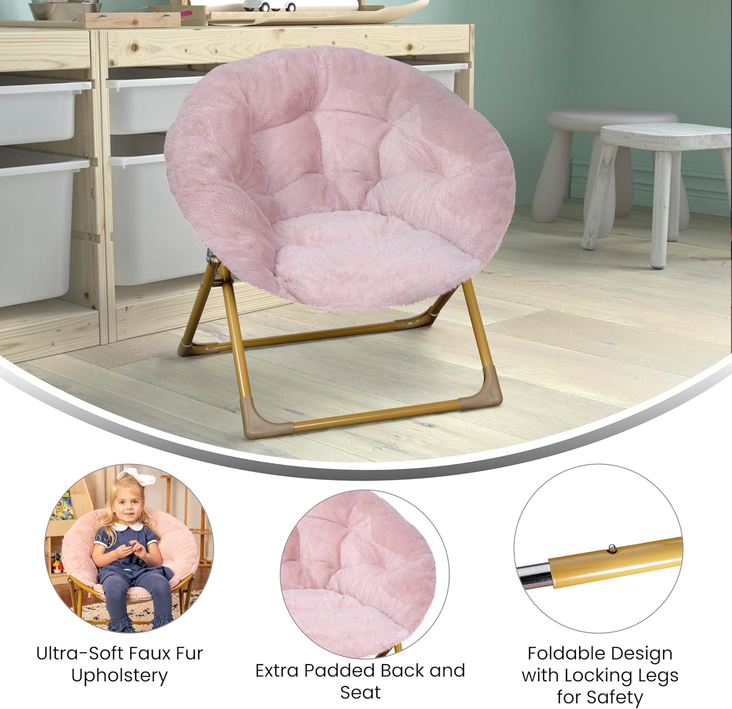 Kids Cozy Mini Folding Saucer Chair - Faux Fur Moon Chair - Soft Gold Metal Frame - 23" Portable Folding Chair For Living Room or Bedroom
