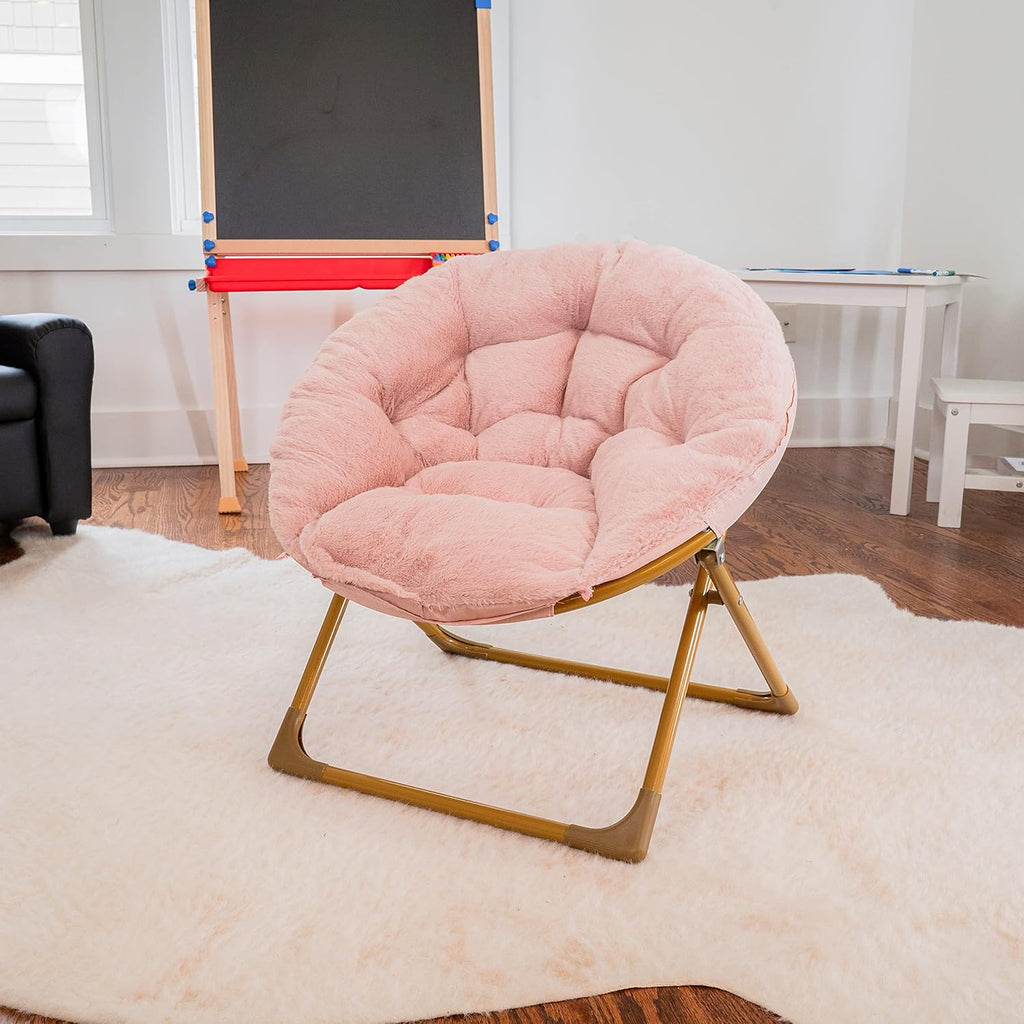 Kids Cozy Mini Folding Saucer Chair - Faux Fur Moon Chair - Soft Gold Metal Frame - 23" Portable Folding Chair For Living Room or Bedroom