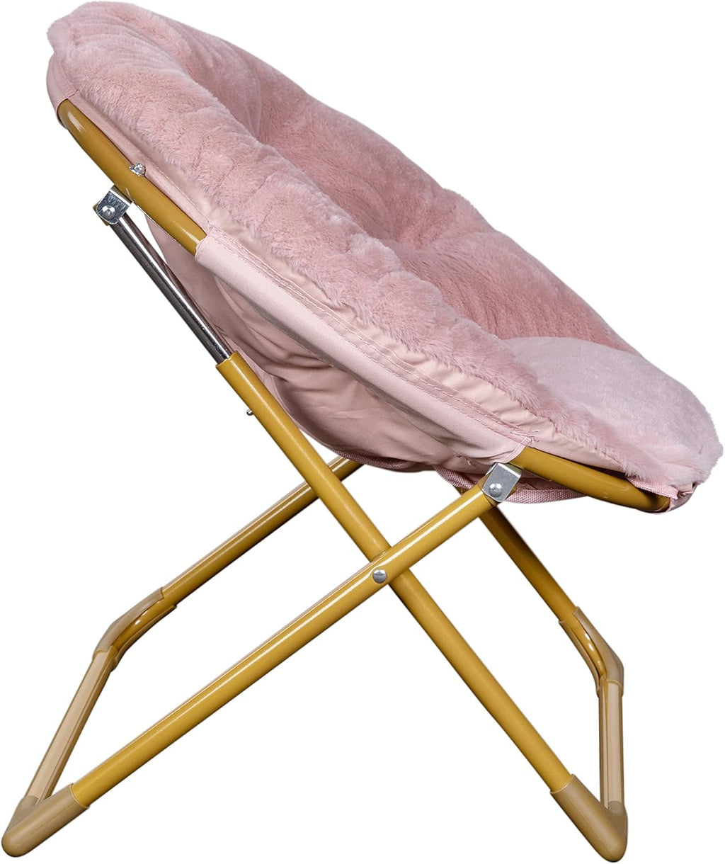 Kids Cozy Mini Folding Saucer Chair - Faux Fur Moon Chair - Soft Gold Metal Frame - 23" Portable Folding Chair For Living Room or Bedroom